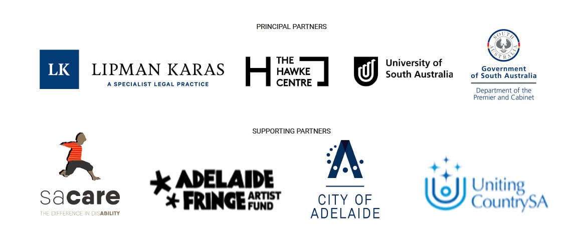 Sanaa sponsors, Principal Partners - Lipman Karas, Hawke Centre, UniSA, Government of SA, Supporting Partners, SA Care, Adelaide Fringe Artist Fund, City of Adelaide, United Country SA